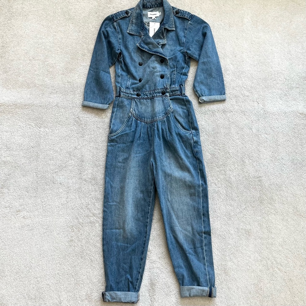 FRAME NWT MILITARY BAND PLEAST FRONT DENIM JUMPSUIT SIZE XS TRENDY STYLISH DATE - Picture 2 of 13